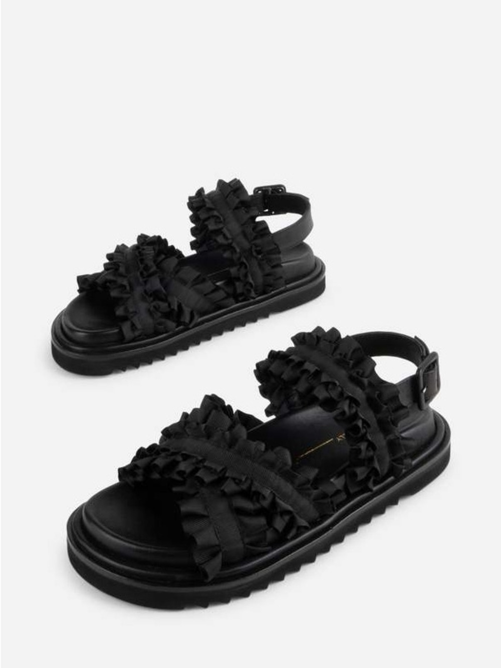 INTENTIONALLY BLANK Black Ruffle Strap Sandals Bestfriend Ribbon Sandals